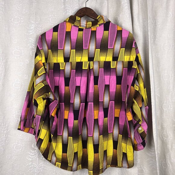 Yevu colorful button-down oversized top wide sleeve cotton stripe Ghana Africa L - Picture 4 of 8
